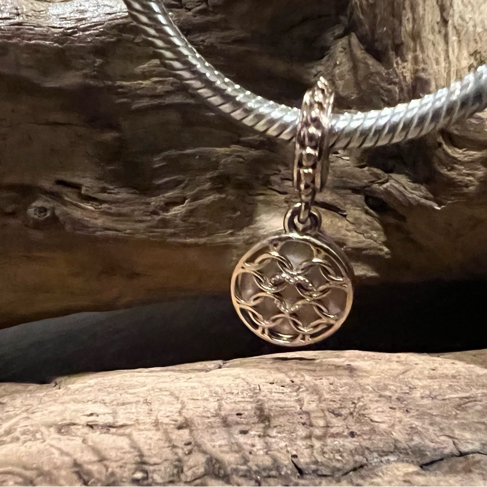 Authentic Pandora Pattern of Love Dangle 14k Rose Gold Plated MET Cream Enamel